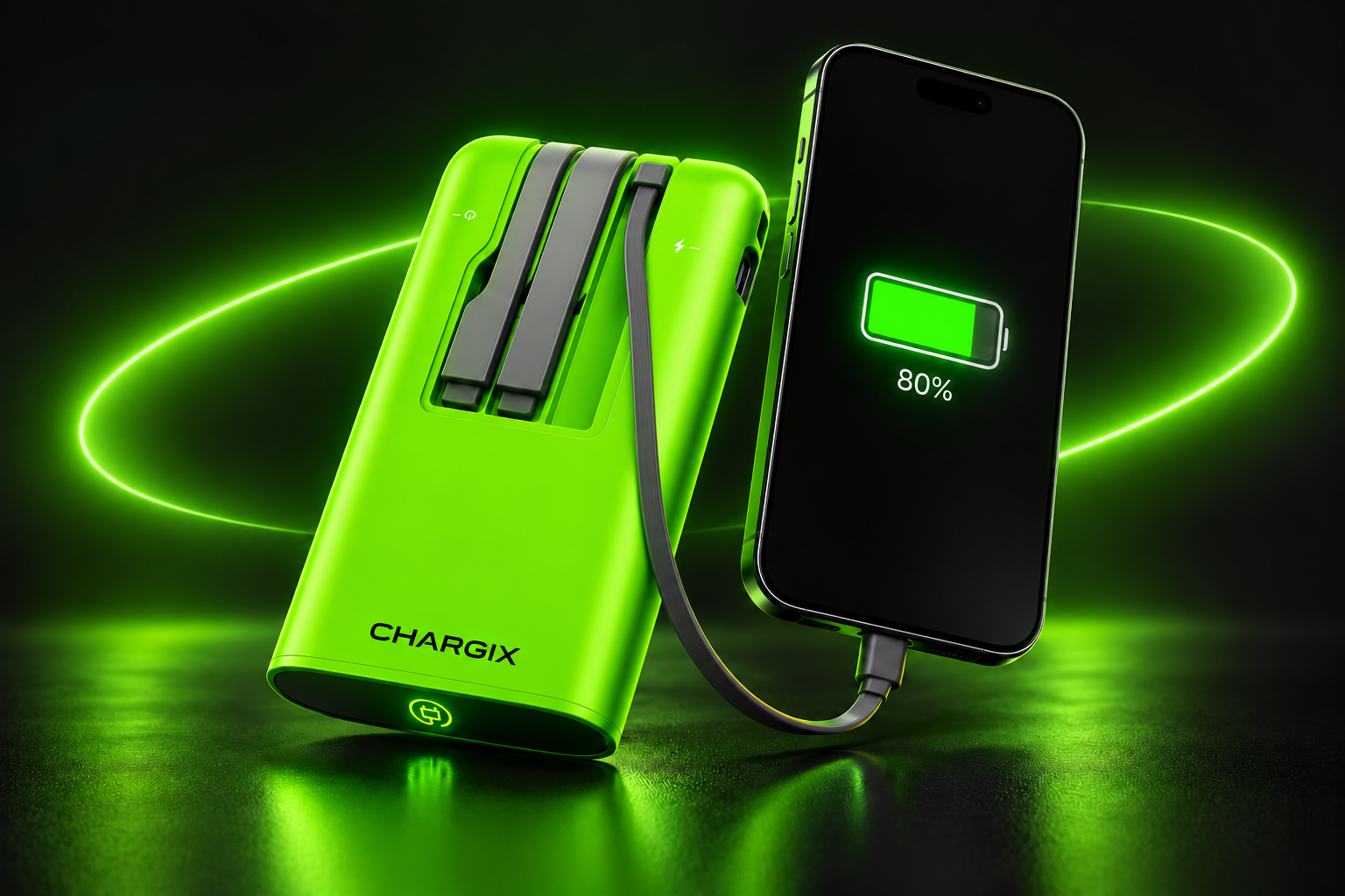 Batterie CHARGIX inspirée du modèle de location, avec câble intégré déployé vers un téléphone en recharge, sur fond noir et halo vert.